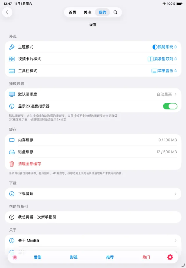 MiniBili iPad 截图：设置