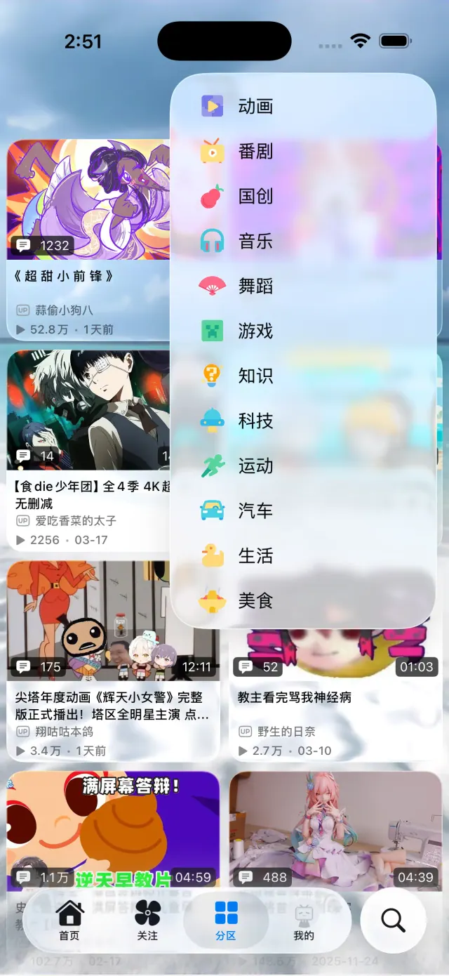 MiniBili iPhone 截图：分区